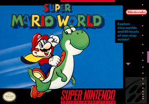 Original box artwork of Super Mario World for the SNES.