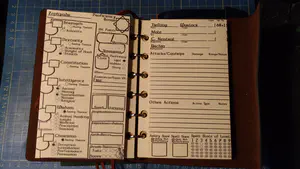 A character journal opened to the character sheet pages.