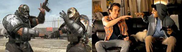 Two pictures side-by-side: First, a screenshot of the heroes from “Army of Two” high-fiving; and second, a photo of two friends high-fiving after a game.