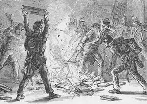 Illustration of British soldiers burning books in piles within the U.S. Library of Congress, Washington, D.C., circa 1814. (Kean Collection/Getty Images)