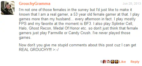 Screenshot of a comment made by username GrouchyGramma, saying: “I'm not one of those females in the survey but I'd just like to make it known that I am a real gamer, a 53 year old female gamer at that. I play games more than my husband... every afternoon in fact. I play mostly FPS and my favorite at the moment is BF3. I also play Splinter Cell, Halo, Ghost Recon, Medal Of Honor, etc. so don't just think that female gamers just play Farmville or Candy Crush. I've never played those games. Now don't you give me stupid comments about this post cuz I can get REAL GROUCHY!!!”