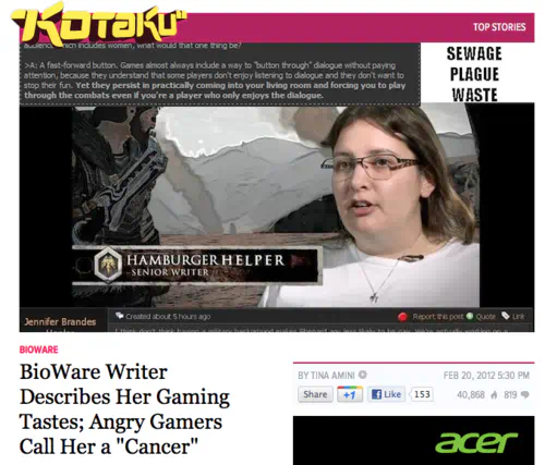 Headline on Kotaku reading, BioWare Writer Describes Her Gaming Tastes; Angry Gamers Call Her a “Cancer”