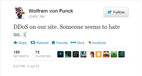 Screenshot of a Tweet by Wolfram von Funck, reading: “DDoS on our site. Someone seems to hate us. :(”