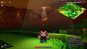 A voxel-graphics screenshot of an adventurer in a cave.