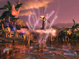 Yuna, a young woman dressed in ceremonial vestments, dances upon a jet of water risung upward from a lake while surrounded by incandescent spirits.