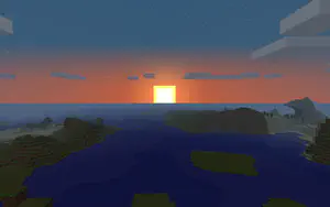 A sunrise over the ocean in Minecraft.