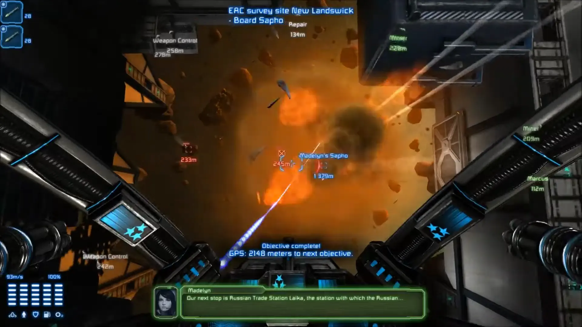 Screenshot of Miner Wars 2081 gameplay; view from behind a spaceship cockpit blasting a hole out to escape of the side of a space station.